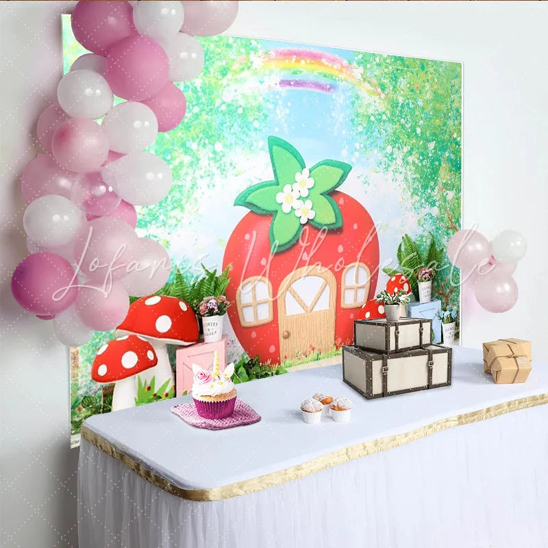 Lofaris Whimsical Strawberry House Photography Backdrop with Red Mushrooms and Green Foliage Fairy Tale Garden for Kids Photoshoot