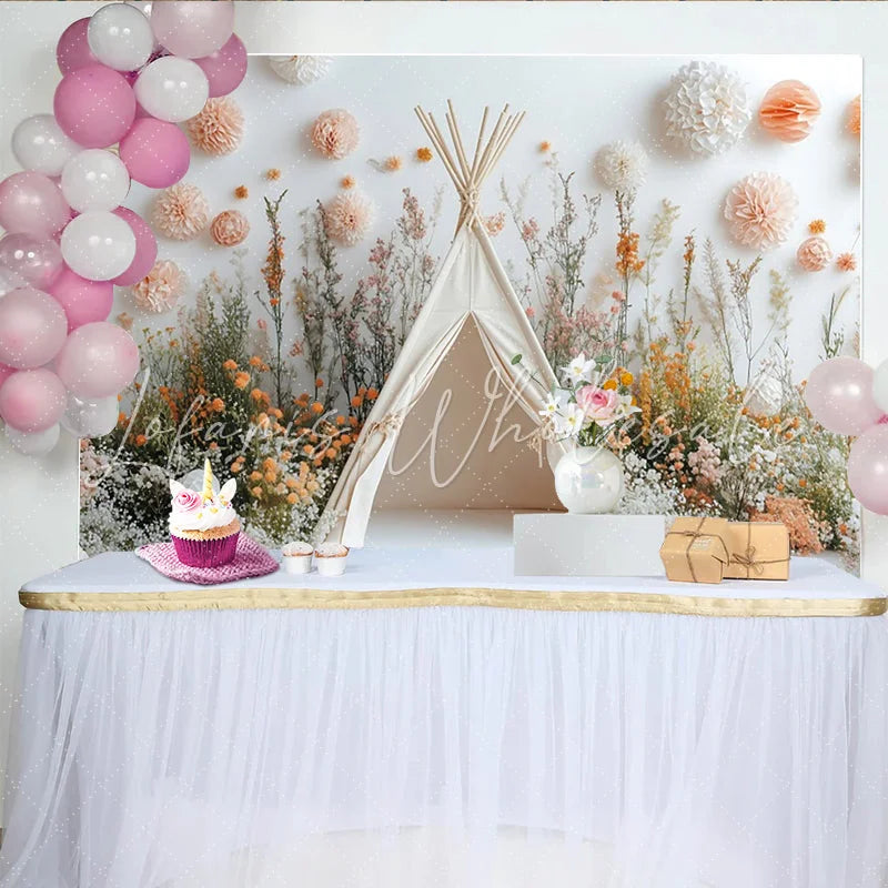 Lofaris Whimsical Wildflower Teepee Photography Backdrop with Soft Floral Decor Natural Studio Background for Baby and Children Portrait