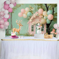 Lofaris Whimsical Woodland Fairy House and Deer Birthday Cake Smash Backdrop Pastel Balloons Decor