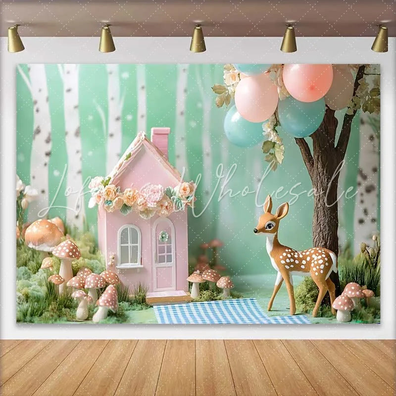 Lofaris Whimsical Woodland Pink Floral House and Deer Birthday Cake Smash Backdrop Baby Shower Party Decor