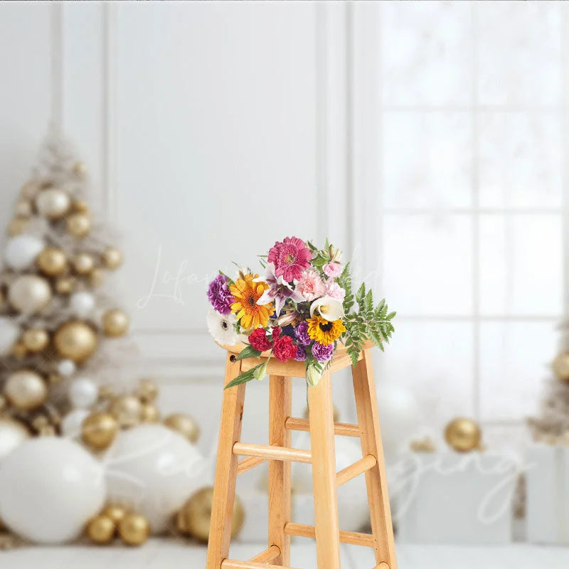 Lofaris White and Gold Christmas Photography Backdrop All Room with Elegant Trees Modern Holiday Photo Background