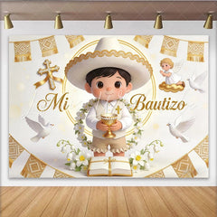Lofaris White and Gold Mi Bautizo Baptism Backdrop for Boy with Cute Cartoon Boy Doves and Angel Elegant Photo Background