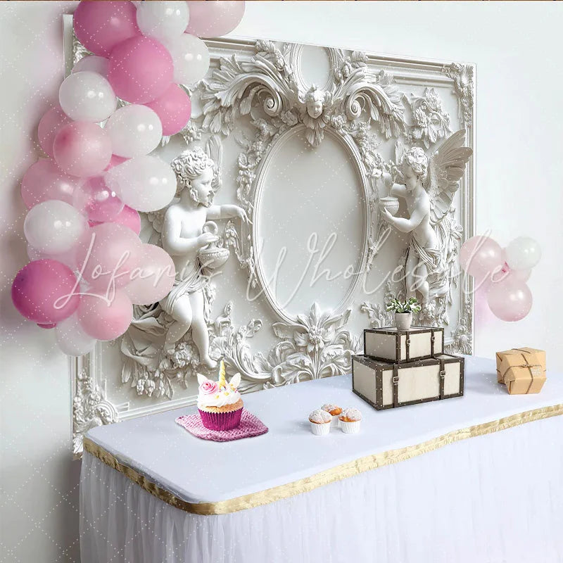 Lofaris White Angel Photography Backdrop with Elegant Floral Details Classic Sculptural Background for Portrait Studio and Wedding Decor