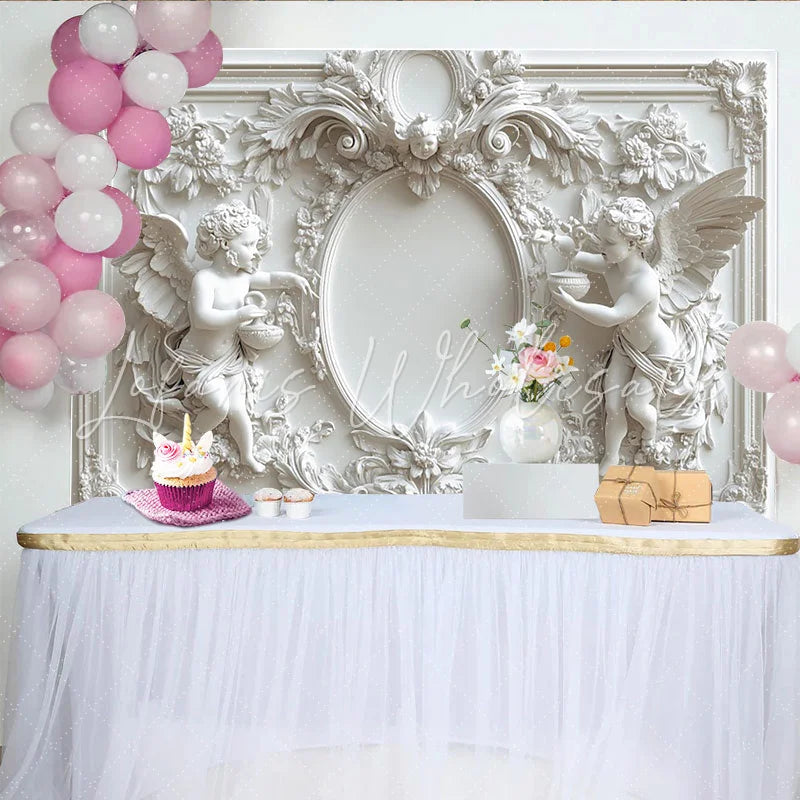 Lofaris White Angel Photography Backdrop with Elegant Floral Details Classic Sculptural Background for Portrait Studio and Wedding Decor
