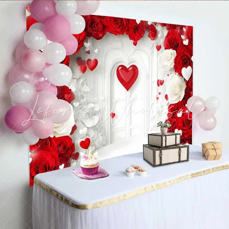 Lofaris White Arch Door Floral Backdrop Red and White Roses for Valentine’s Day Wedding Romantic Photography Studio Background