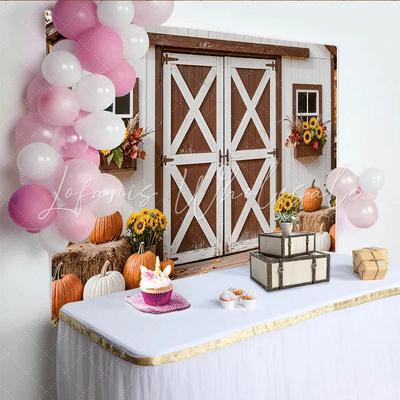 Lofaris White Barn Autumn Harvest Photography Backdrop with Pumpkins and Sunflowers Rustic Farmhouse Background for Fall Photoshoot