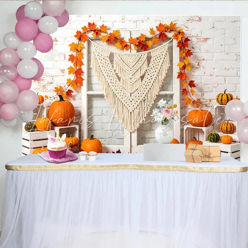 Lofaris White Brick Wall Autumn Photography Backdrop with Pumpkins and Macrame Fall Leaves Garland Rustic Studio Background for Photoshoot