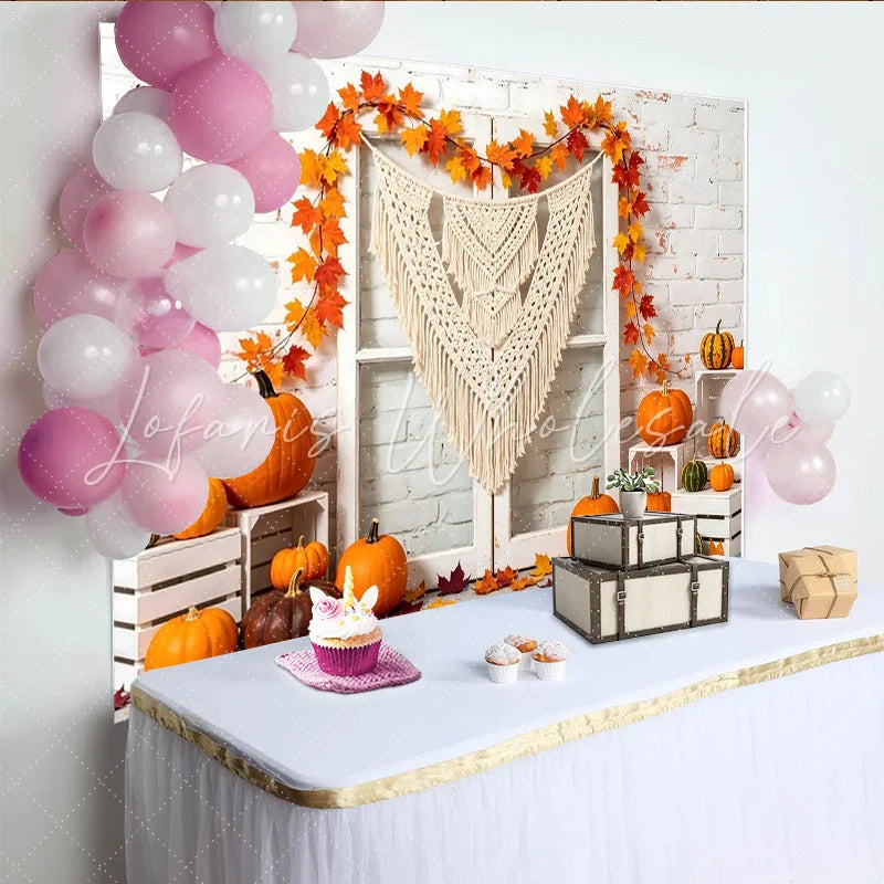 Lofaris White Brick Wall Autumn Photography Backdrop with Pumpkins and Macrame Fall Leaves Garland Rustic Studio Background for Photoshoot