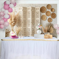 Lofaris White Brick Wall Boho Photography Backdrop with Carved Screen and Pampas Grass Natural Rustic Background for Photo