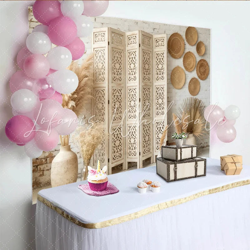 Lofaris White Brick Wall Boho Photography Backdrop with Carved Screen and Pampas Grass Natural Rustic Background for Photo