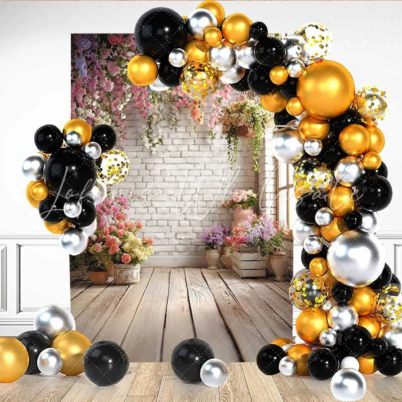 Lofaris White Brick Wall Floral Backdrop Hanging Flower Vine and Potted Plants for Garden Party