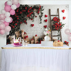 Lofaris White Brick Wall Red Roses and Hearts Holiday Backdrop Teddy Bears Wooden Ladder and Boxes Decor