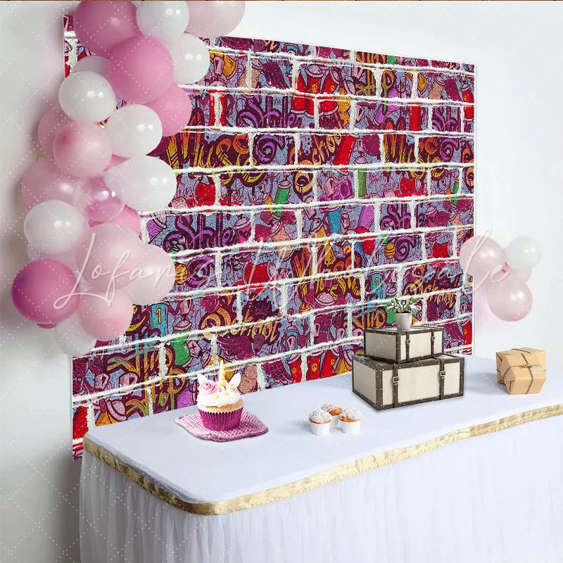 Lofaris White Brick Wall Urban Graffiti Backdrop Colorful Hip Hop Music Theme Photography Studio Background