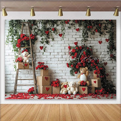 Lofaris White Brick Wall with Red Roses Green Vines and Hearts Valentine’s Day Backdrop Teddy Bears and Ladder Decor