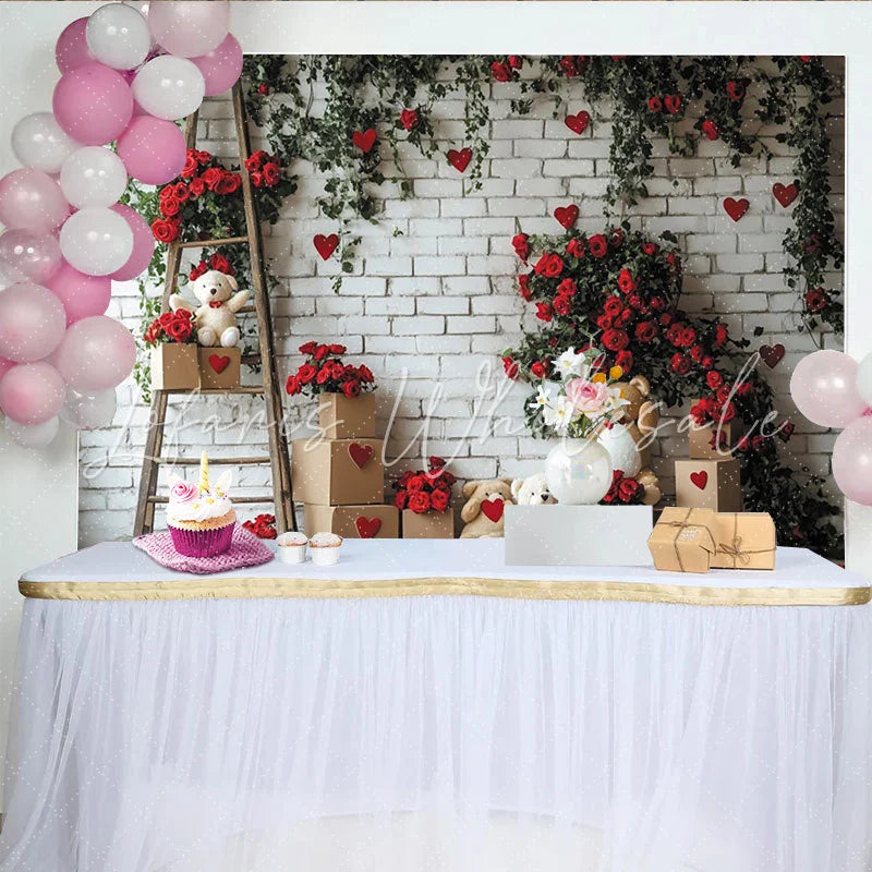 Lofaris White Brick Wall with Red Roses Green Vines and Hearts Valentine’s Day Backdrop Teddy Bears and Ladder Decor
