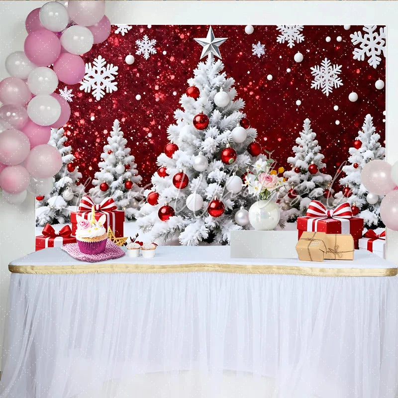 Lofaris White Christmas Tree and Snowflakes Red Glitter Christmas Backdrop Festive Winter Wonderland Background for Holiday Party Decoration