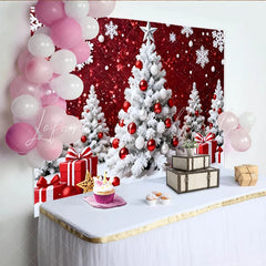 Lofaris White Christmas Tree and Snowflakes Red Glitter Christmas Backdrop Festive Winter Wonderland Background for Holiday Party Decoration