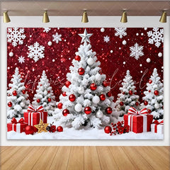 Lofaris White Christmas Tree and Snowflakes Red Glitter Christmas Backdrop Festive Winter Wonderland Background for Holiday Party Decoration