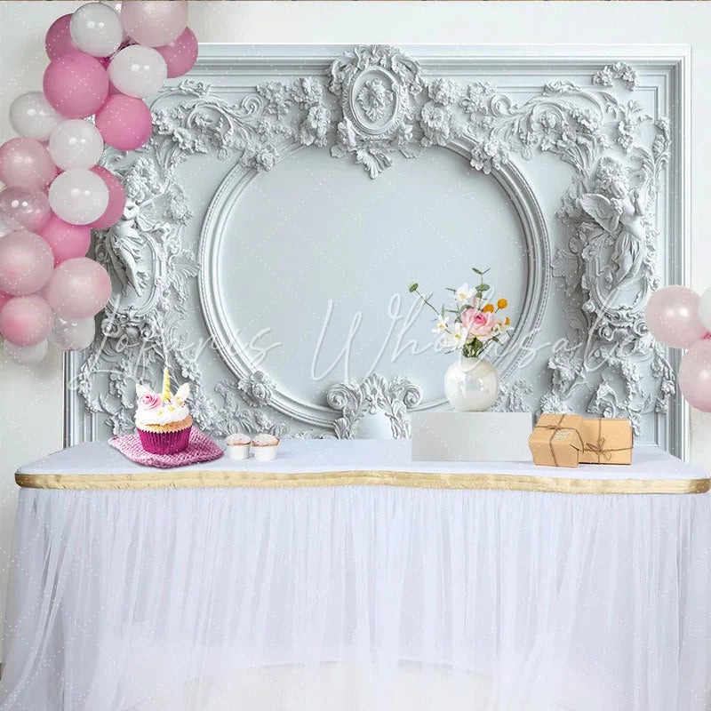 Lofaris White Classical Ornate Fine Art Photography Backdrop with Floral Carvings Elegant Studio Background for Portrait Photoshoot