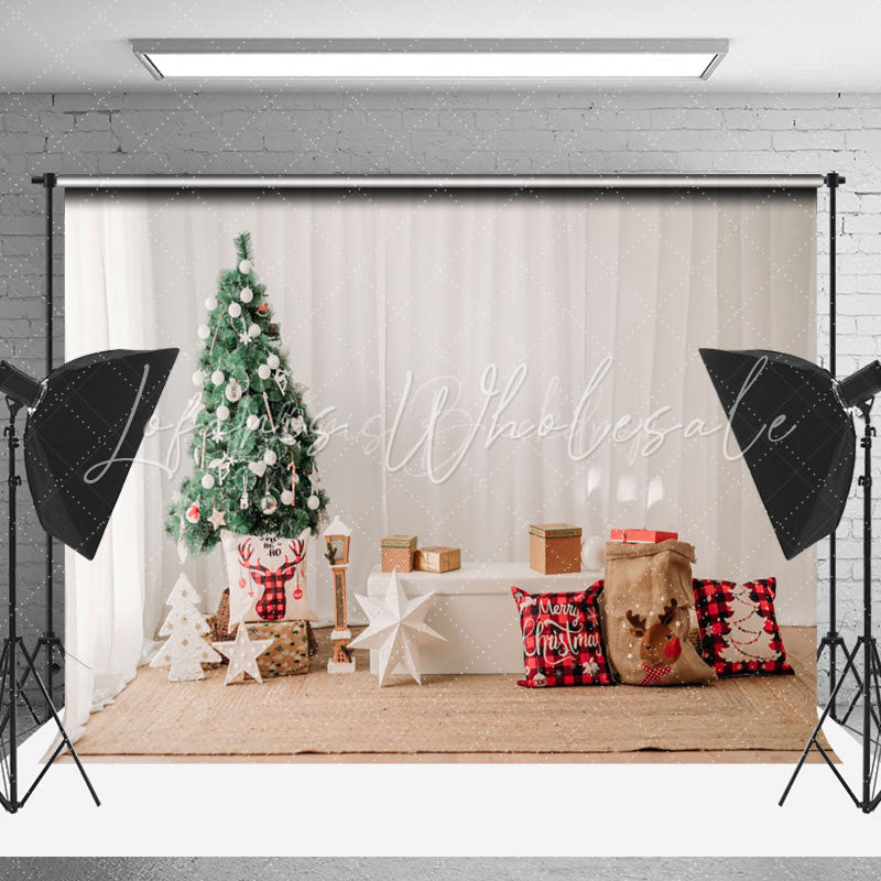 Lofaris White Curtain Trees Tatami Pillow Christmas Backdrop