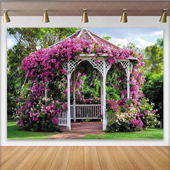 Lofaris White Gazebo Floral Photography Backdrop with Pink Bougainvillea Beautiful Garden Background for Wedding and Party Decor