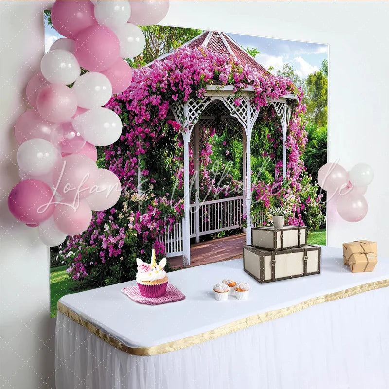 Lofaris White Gazebo Floral Photography Backdrop with Pink Bougainvillea Beautiful Garden Background for Wedding and Party Decor