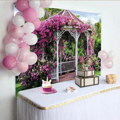 Lofaris White Gazebo Floral Photography Backdrop with Pink Bougainvillea Beautiful Garden Background for Wedding and Party Decor
