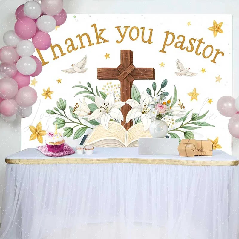 Lofaris White Lily Cross Bible Thank You Pastor Backdrop Church Appreciation Event Decorations Photography Background