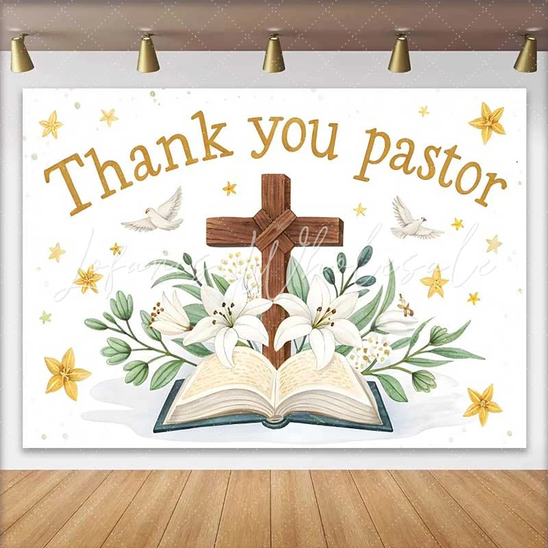 Lofaris White Lily Cross Bible Thank You Pastor Backdrop Church Appreciation Event Decorations Photography Background