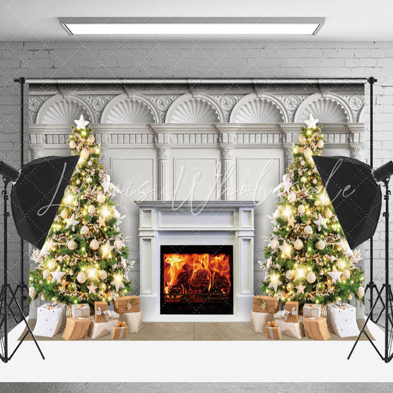 Lofaris White Luxury Fireplace Tree Gift Christmas Backdrop