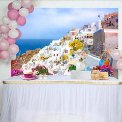 Lofaris White Mediterranean Village Photography Backdrop Blue Sea and Vibrant Flowers Scenic Background for Travel Photoshoot