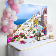 Lofaris White Mediterranean Village Photography Backdrop Blue Sea and Vibrant Flowers Scenic Background for Travel Photoshoot