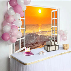 Lofaris White Open Window Ocean Sunset Photography Backdrop with Crashing Waves Vibrant Seascape Background for Studio Photoshoot