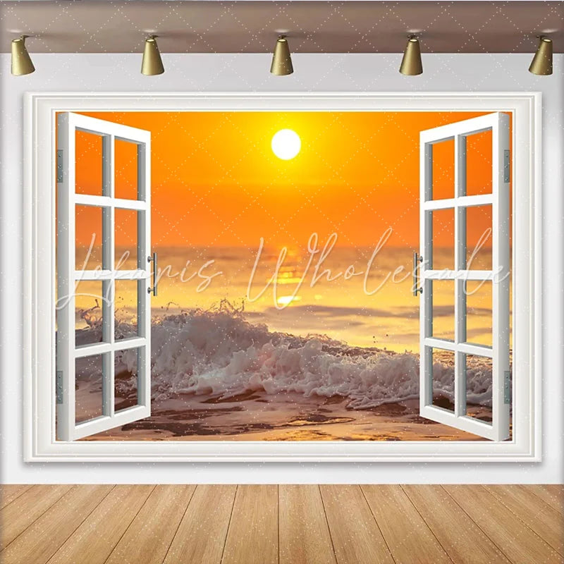 Lofaris White Open Window Ocean Sunset Photography Backdrop with Crashing Waves Vibrant Seascape Background for Studio Photoshoot