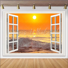 Lofaris White Open Window Ocean Sunset Photography Backdrop with Crashing Waves Vibrant Seascape Background for Studio Photoshoot