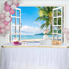 Lofaris White Open Window View Tropical Beach Photography Backdrop Scenic Ocean Background for Summer Vacation Photoshoot