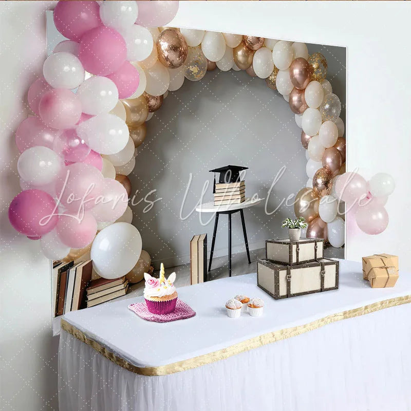 Lofaris White Rose Gold Balloon Arch Graduation Backdrop Elegant Confetti Balloons Photography Background for Celebration Party Decor