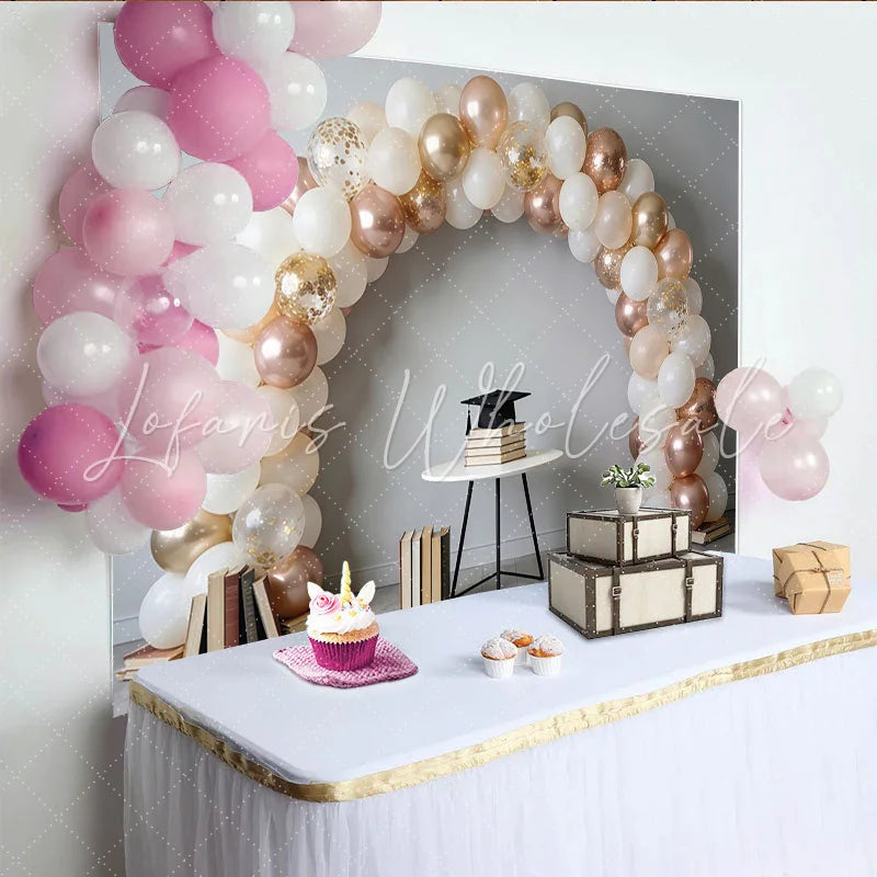 Lofaris White Rose Gold Graduation Backdrop with Balloons and Cap Elegant Photo Background for College and High School Party Decor