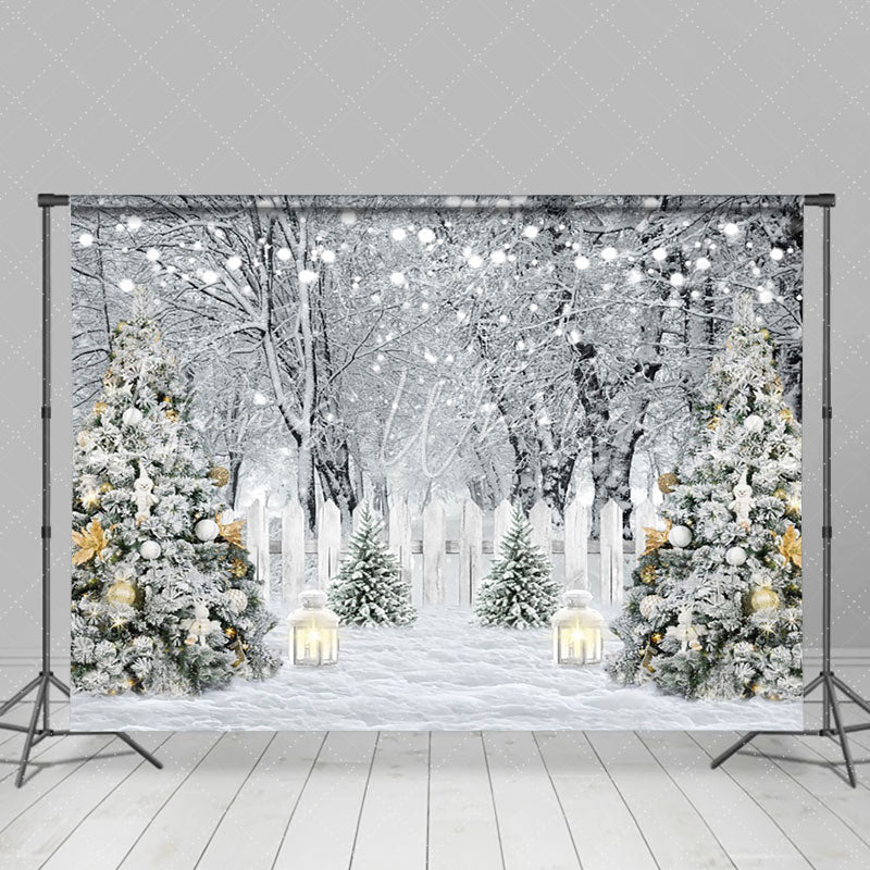 Lofaris White Snowy Forest Scene Fence Xmas Trees Backdrop