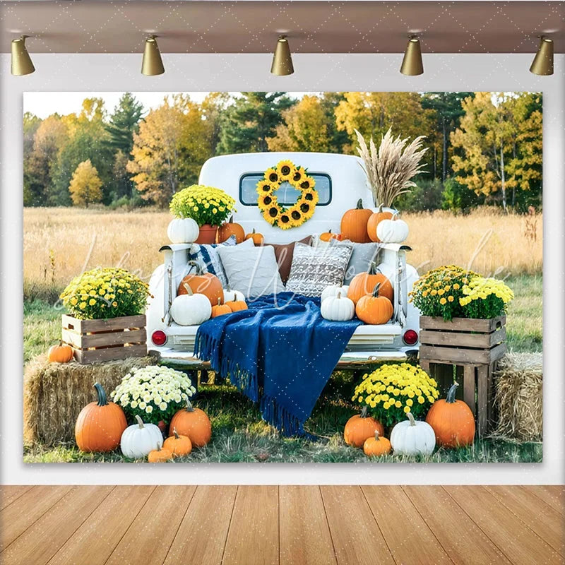 Lofaris White Truck Autumn Harvest Holiday Backdrop with Pumpkins and Mums Rustic Fall Photography Background for Thanksgiving Party Decor