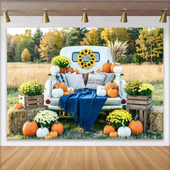 Lofaris White Truck Autumn Harvest Holiday Backdrop with Pumpkins and Mums Rustic Fall Photography Background for Thanksgiving Party Decor