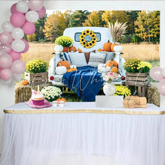 Lofaris White Truck Autumn Harvest Holiday Backdrop with Pumpkins and Mums Rustic Fall Photography Background for Thanksgiving Party Decor