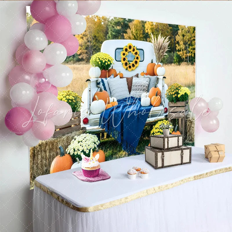 Lofaris White Truck Autumn Harvest Holiday Backdrop with Pumpkins and Mums Rustic Fall Photography Background for Thanksgiving Party Decor