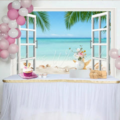 Lofaris White Window Beach Photography Backdrop with Starfish and Palm Trees Ocean Seascape Background for Summer Vacation Photoshoot