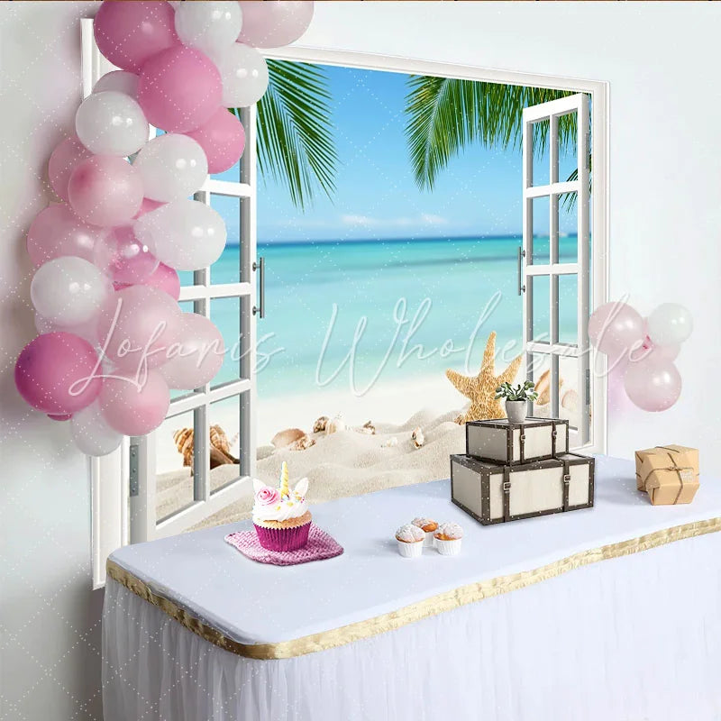 Lofaris White Window Beach Photography Backdrop with Starfish and Palm Trees Ocean Seascape Background for Summer Vacation Photoshoot