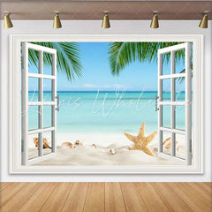 Lofaris White Window Beach Photography Backdrop with Starfish and Palm Trees Ocean Seascape Background for Summer Vacation Photoshoot