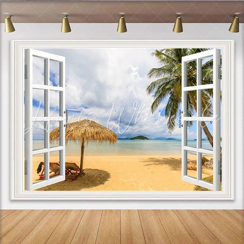 Lofaris White Window Frame Tropical Beach Photography Backdrop Scenic Ocean View Background for Summer Vacation Photoshoot