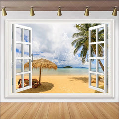 Lofaris White Window Frame Tropical Beach Photography Backdrop Scenic Ocean View Background for Summer Vacation Photoshoot