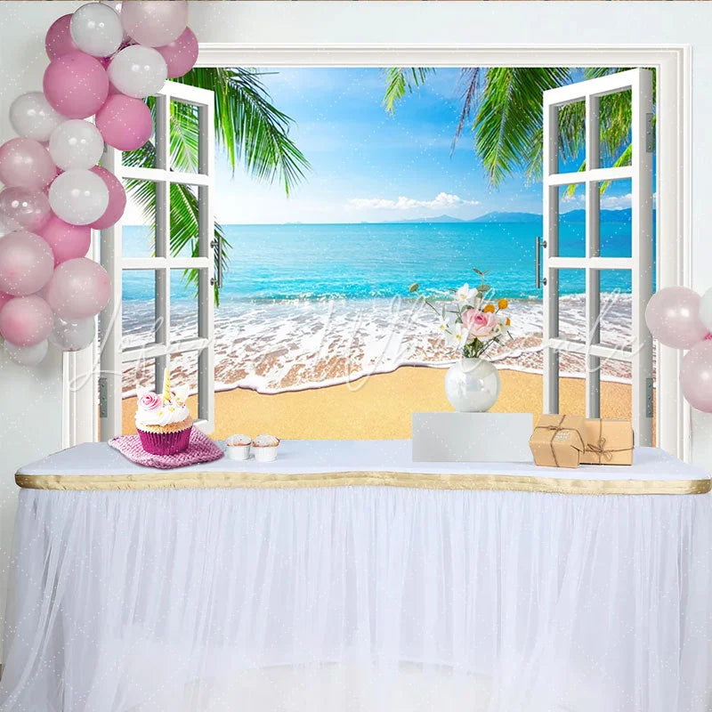 Lofaris White Window Frame Tropical Beach Photography Backdrop Scenic Ocean View Background for Studio and Party Decor