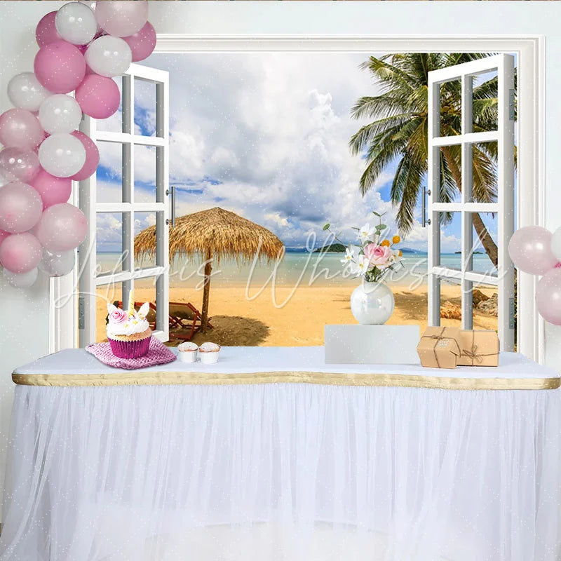 Lofaris White Window Frame Tropical Beach Photography Backdrop Scenic Ocean View Background for Summer Vacation Photoshoot